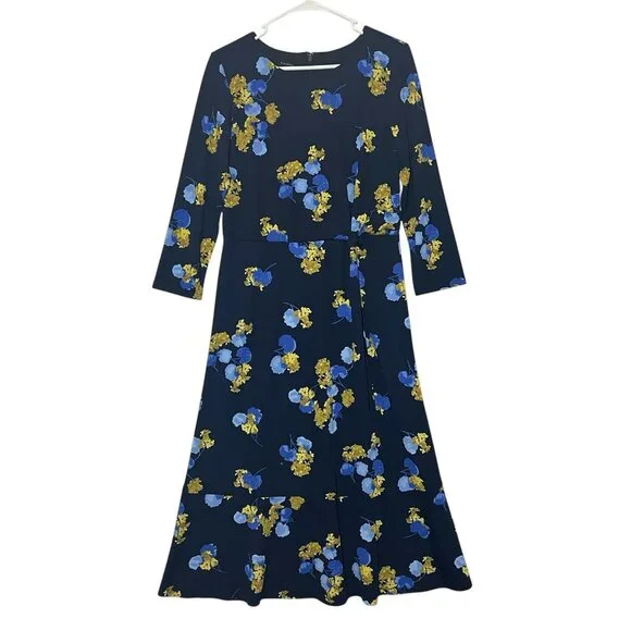 TALBOTS Women’s Midi Dress Size 8 FLORAL JERSEY TWIST FIT & FLARE Blue Stretch - Picture 2 of 12